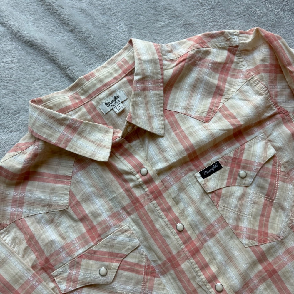 Wrangler Retro Shirt Women XXL Pink Plaid Western Snap Long Sleeve Floral Stripe